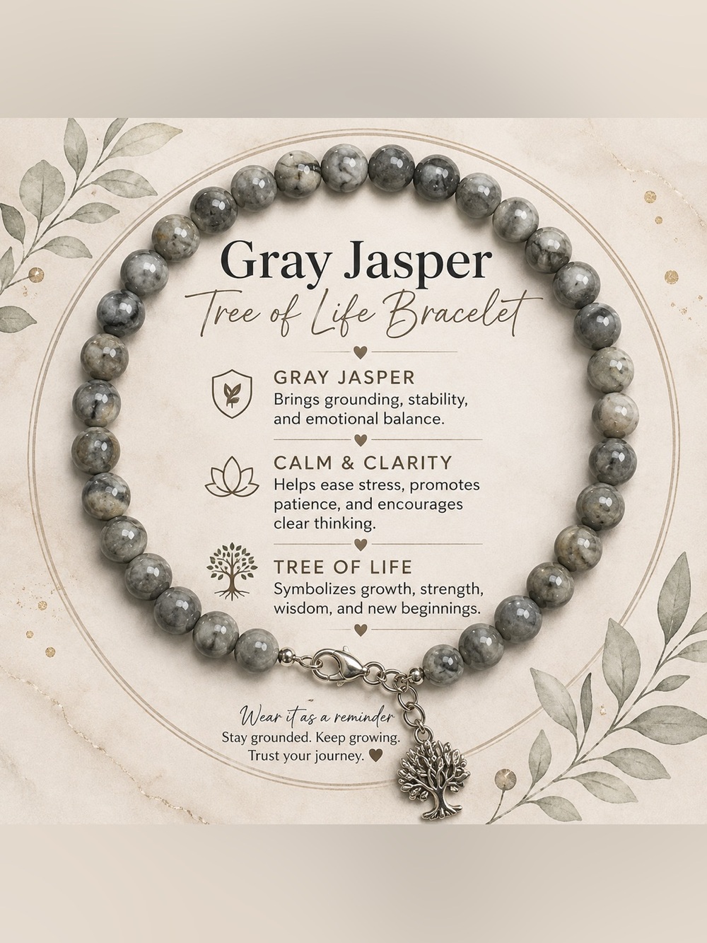 Gray Jasper Bracelet with Tree of Life Charm